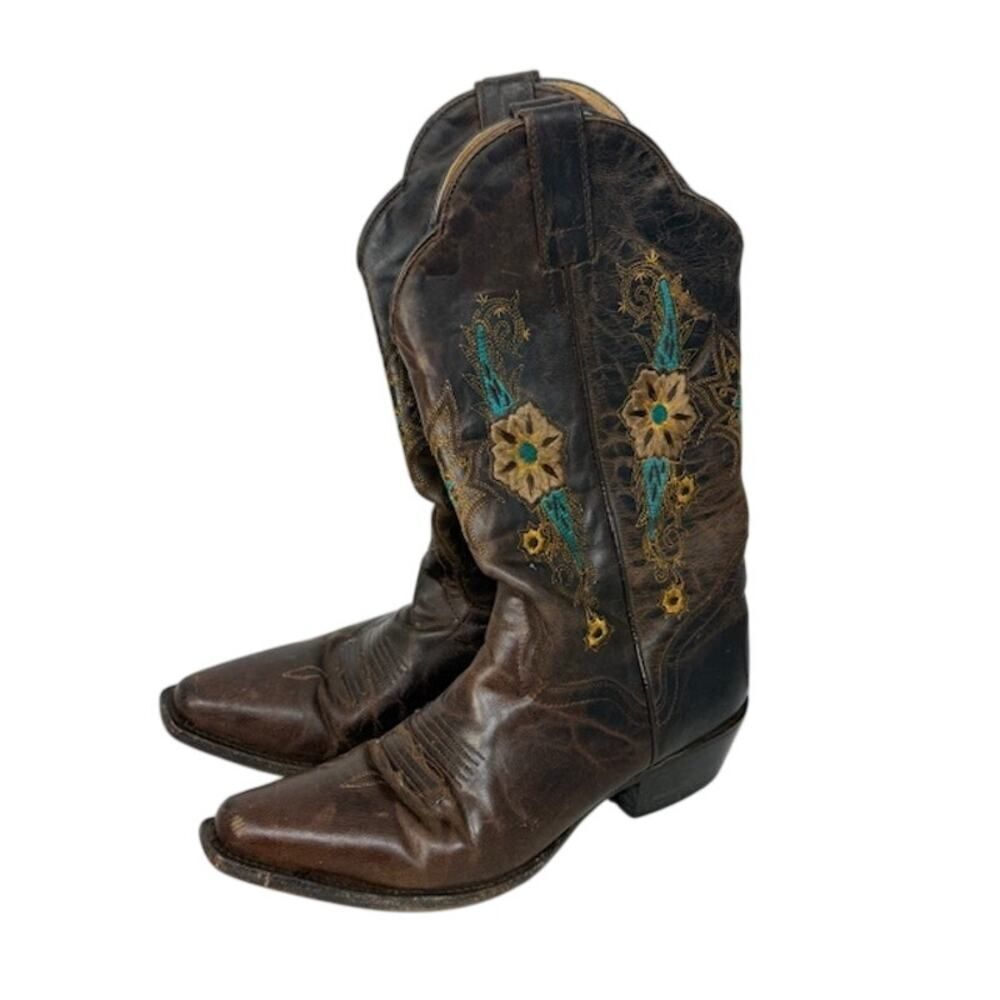 J.B. Dillon Womens 7.5 B Leather Floral Embroidered Western Boots JBW2308